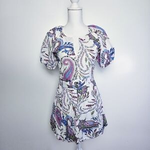 LOFT Loft Paisley Linen Blend Belted Puff Sleeve Dress